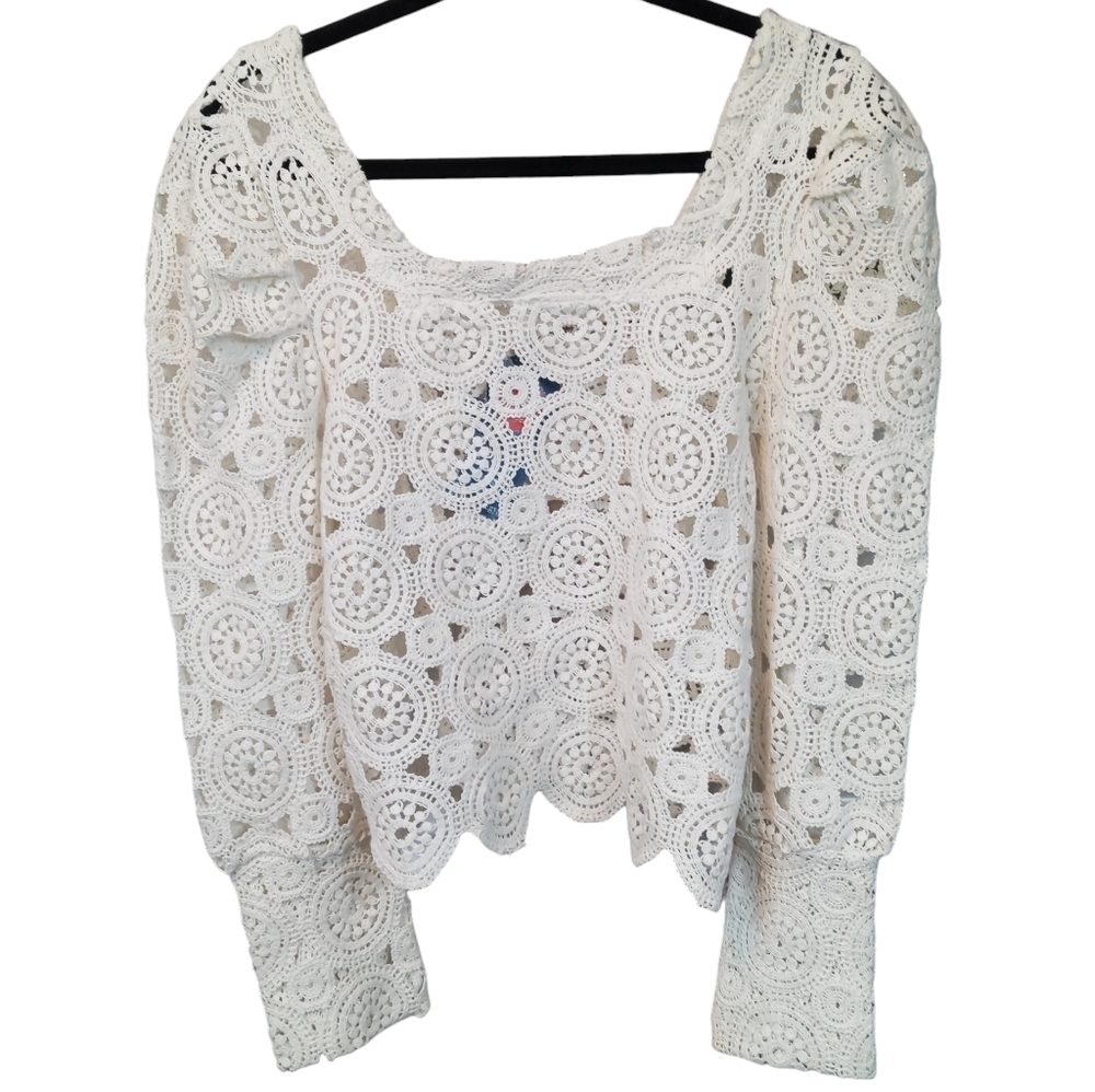 Women's White Crochet Long-Sleeve Top